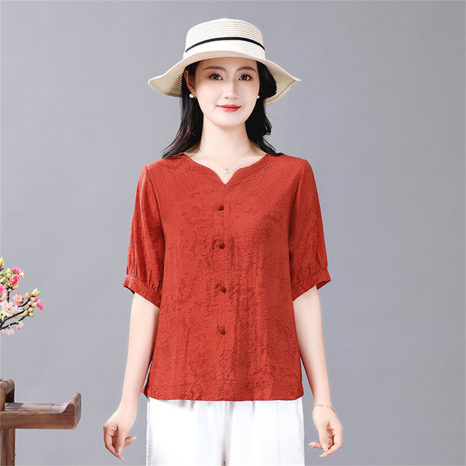 besteffie 여성 여름 면마 혼방 브이넥 단추 장식 우아한 반팔 블라우스 오버사이즈 K89