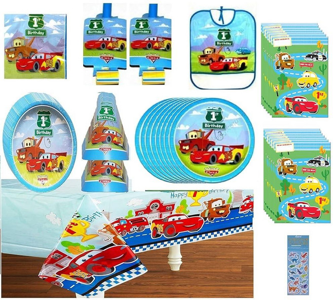 [5] 디즈니 카 첫 번째 생일 파티 용품 장식 번들에는 접시 16개 냅킨 16개 테이블 커버 1개 모자 16개 블로우 아웃 16개 전리품 가방 16개 턱받이 1개(, [5] 디즈니 카 첫 번째 생일 파티 용품 장식 번들에