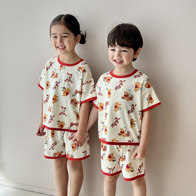 ECLL 국내생산 아동 반팔 실내복 루즈핏 스판 잠옷 상하 세트
