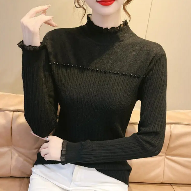 여성 긴팔 티셔츠 캐주얼 봄 가을 긴팔티 기질 여자 슬림핏 레이스 패치 반폴라 니트 WXY