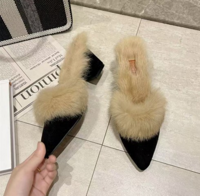 천연 토끼털 스틸레토힐 스웨이드 뮬 미들힐 블로퍼