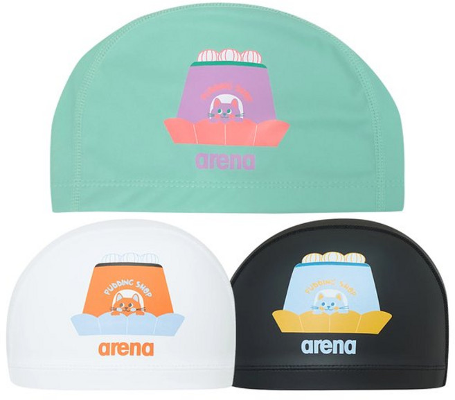 아레나 vs 귀여운 수영모 우레탄 코팅 아동 수모 A5AC1AQ51 푸딩 수영모자, BLK
