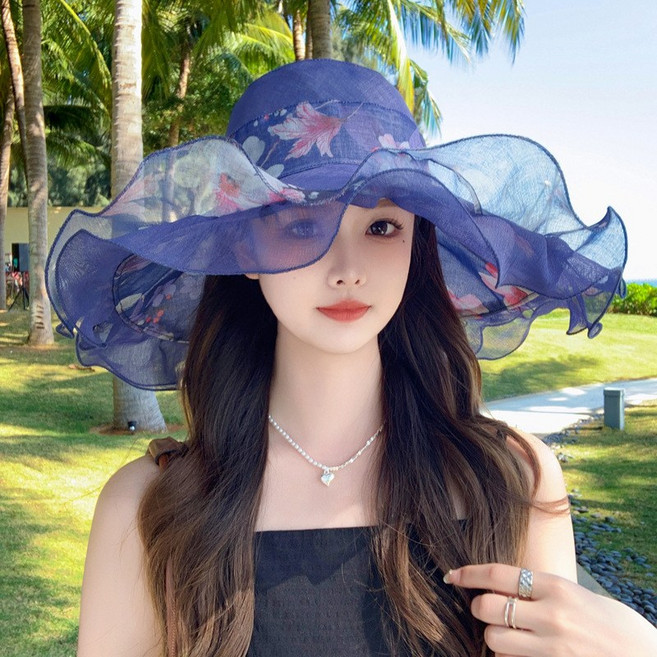 스타일아유 패션 빅 웨이브 레이스 선캡 여성용 여름 야외 바캉스 넓은 챙 여행용 자외선 차단 모자 CA0153