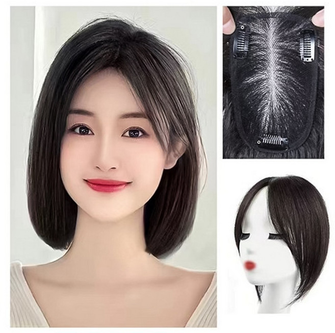 GBKING 수제 100% 인모가발 정수리 앞머리 가발 부분가발 가르마 가발 여자 부분가발 여성 인모가발, 1개, 자연검정, 9*10 가르마