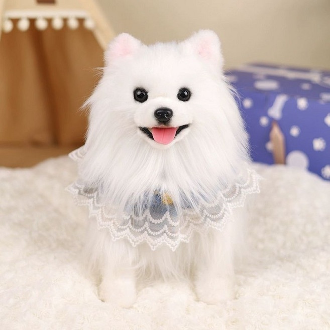 스피츠 인형 포메라니안 리얼 강아지 애착인형 폼피츠 진짜같은 애견 모형 장식, 기본형+블루 넥케이프
