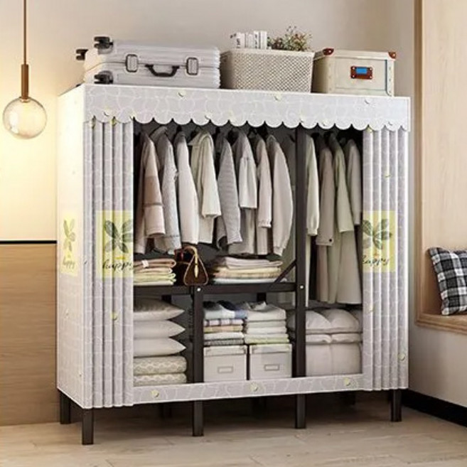 折疊衣櫃 免安裝簡易衣櫃 鋼管加厚 收納櫃 宿舍衣櫃 收納衣櫥 免組裝衣櫥 衣帽架 落地衣架 衣架桿, 春風綠意,80CM【折疊免安裝】