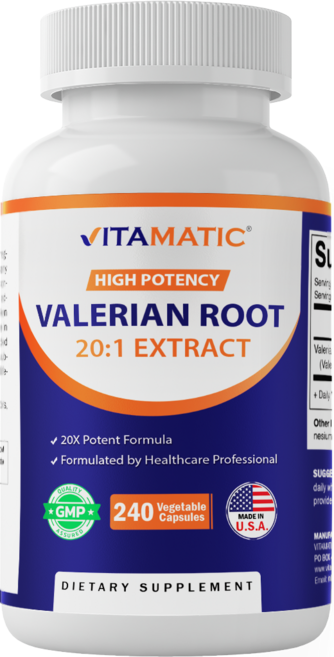 비타매틱 발레리안 루트 20:1 추출물 250mg 240캡슐 Non-GMO 글루텐 프리, 1개, 240회분