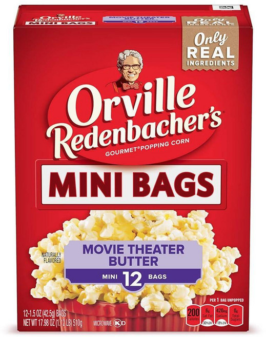 Orville Redenbacher's 전자레인지 팝콘 미니 백 영화관 버터 맛 1회 제공량당 3g 섬유 42.5g(1.5온스) 12개입, 42.5g, 12개