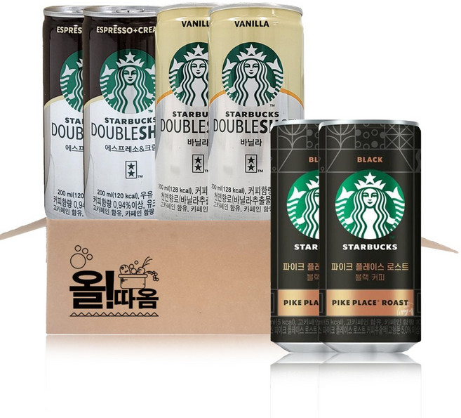 스타벅스 200ml 캔커피 3종기획세트 13호(더블샷 에스프레소&크림2+파이크플레이스 로스트블랙2+바닐라2), 6개
