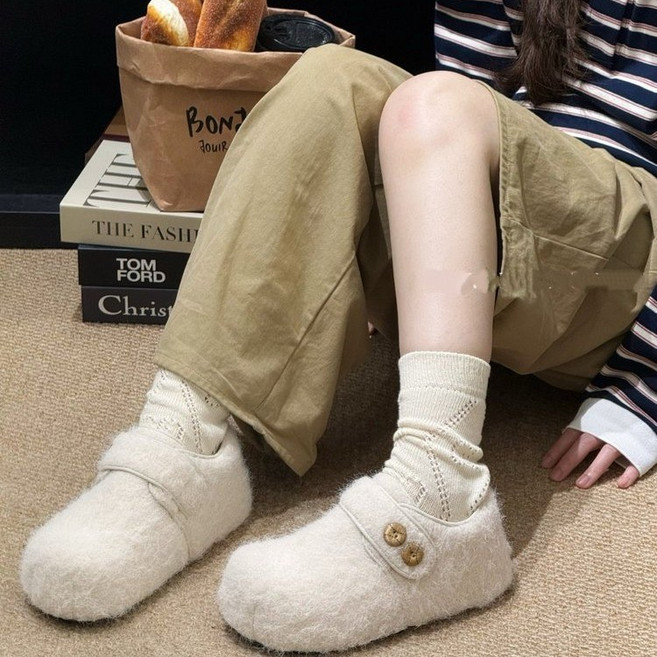 加絨勃肯鞋女鞋子冬季厚底復古內增高新款毛絨保暖毛毛鞋棉鞋