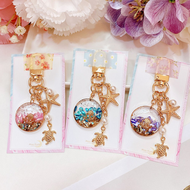 문크리스탈 레진 바다 거북이 불가사리 버즈 에어팟 키링 열쇠고리, 핑크, 1개