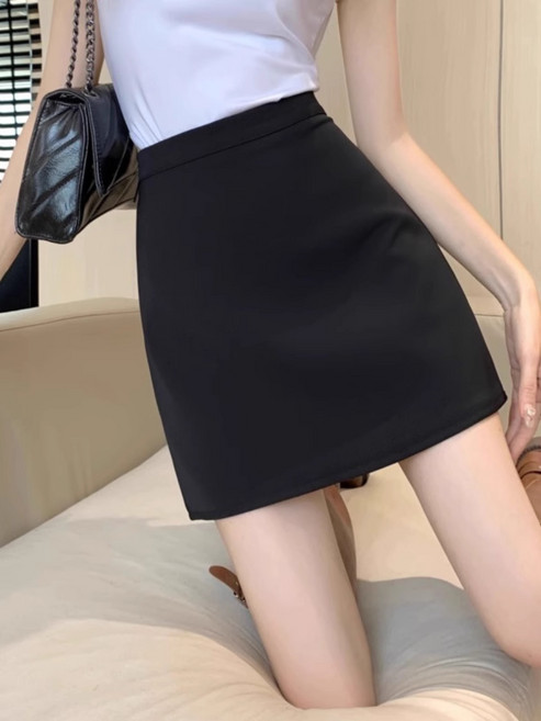 DIU 黑色高腰半身裙女新款夏季顯瘦防走光學院風a字包臀西裝短裙