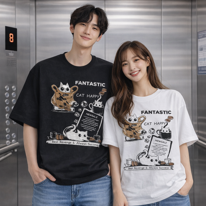 블랙초코 커피고양이 반팔티 남녀공용 여름 데일리 빅사이즈 M~5XL