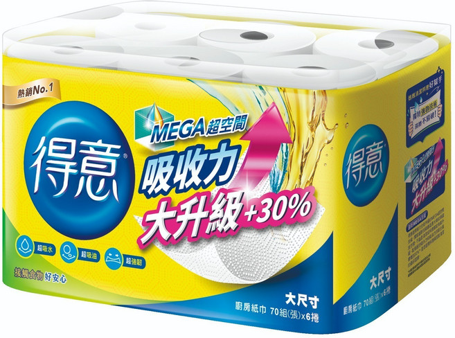 得意 廚房紙巾 MEGA超空間吸收力大升級+30% 超吸水超吸油超強韌, 6個, 70張