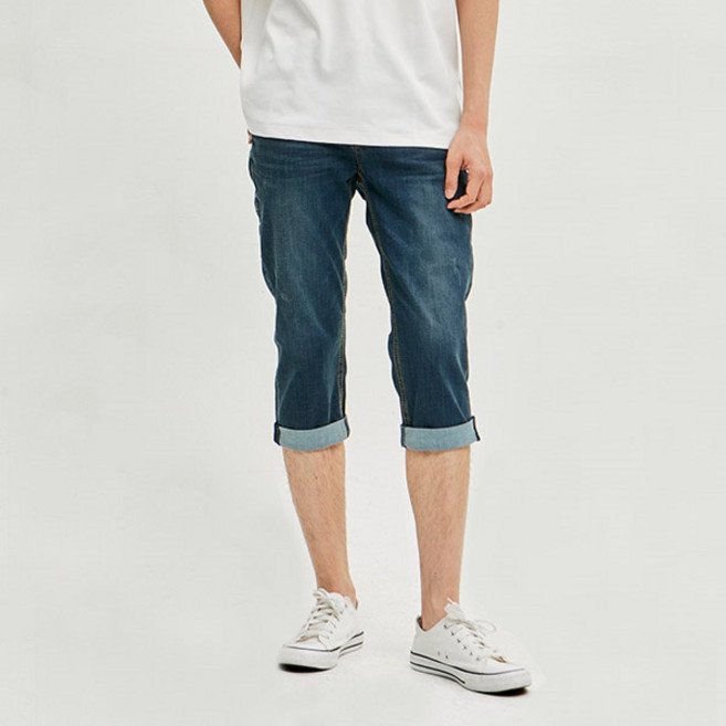 [잠뱅이] 남성 밴드 워싱 7부 롤업 데님 팬츠 다크블루