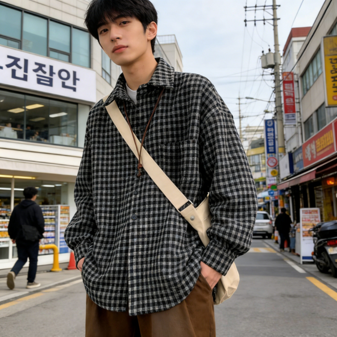 스타일닥터 남성 체크 긴팔 셔츠 루즈핏 긴팔 캐주얼 패션