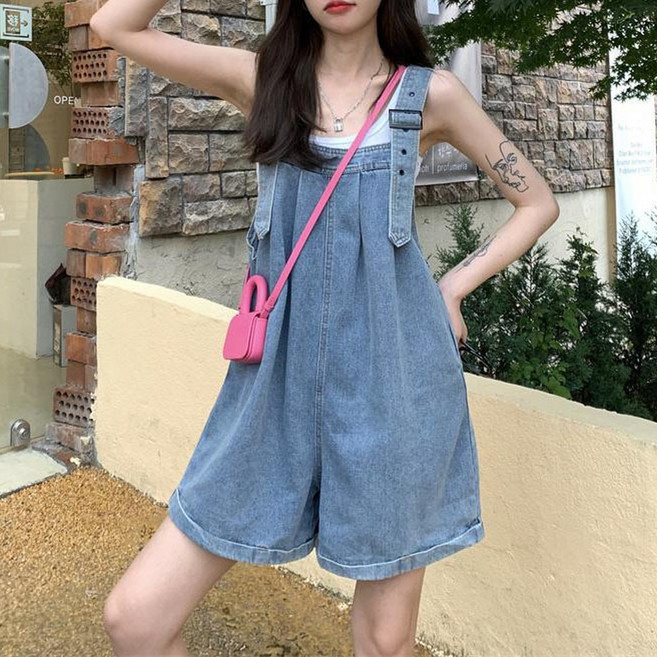 지디오 여성 데님 멜빵 반바지 점프 수트 와이드 여름 청바지