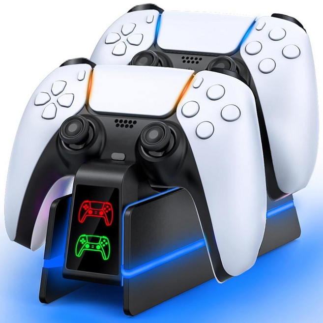 PS5-컨트롤러-충전기 스테이션 - 플레이스테이션 5 듀얼센스/엣지 컨트롤러용 충전 스테이션 9가지 색상 LED 조명 PS5/슬림/프로 리모컨 액세서리용 고속 충전 도크 및, 홀 블랙 P48