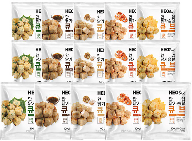 허닭 한입 닭가슴살 큐브 5종 혼합 (떡갈비+새우+깻잎+치즈+갈릭), 15개, 100g