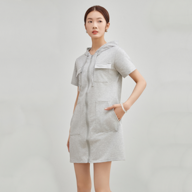 에쉬울프 여성 포켓 집업 반팔 후드 원피스