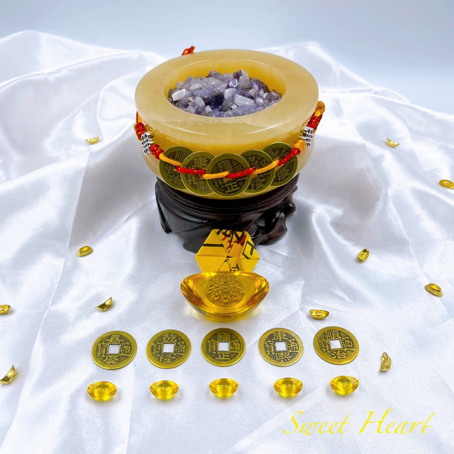 Sweet Heart 黃玉聚寶盆套組 附底座 招財擺飾 內含紫水晶碎石, 1個, 開運黃玉聚寶盆(紫水晶)套組
