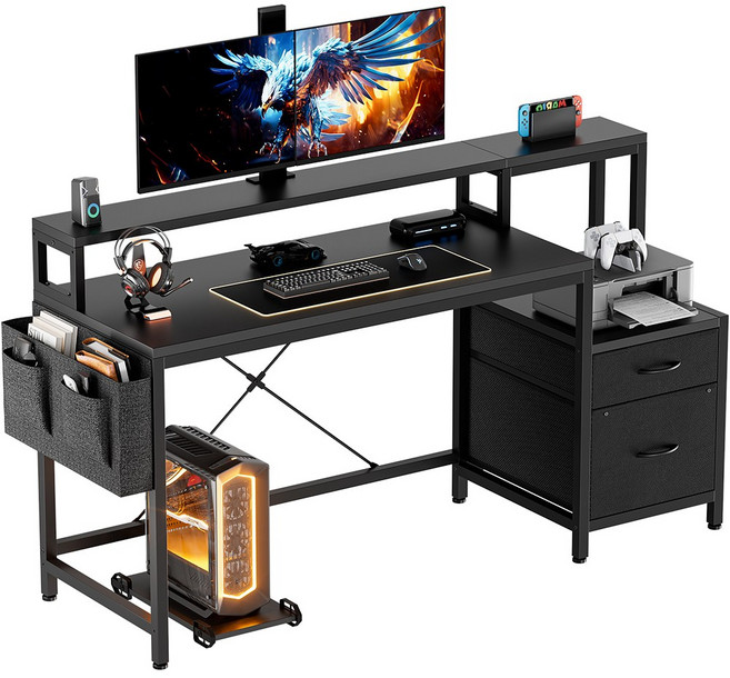 ONESOWON 컴퓨터 책상 서랍 포함 데스크 모니터 받침대 사무용 테이블 1400 측면 수납, 블랙