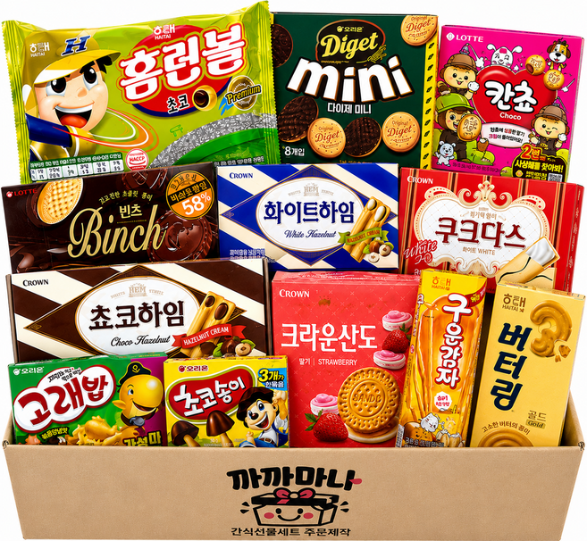 까까마나 인기간식 선물상자 쿠크다스 다이제미니 화이트하임 초코하임 산도 초코송이 버터링골드 구운감자 빈츠 칸쵸 홈런볼 고래밥 탕비실간식 사무실간식 어린이간식세트, 1개, 인기간식선물박스+간식12종