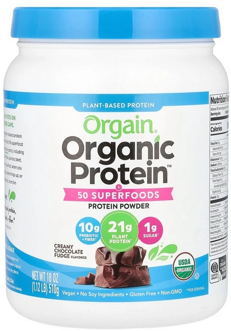 Orgain 유기농 단백질 분말 + 50가지 슈퍼 푸드 크리미 초콜릿 퍼지 510g(1.12lb) Orgain (올게인), 510g, 1개 - 쿠팡