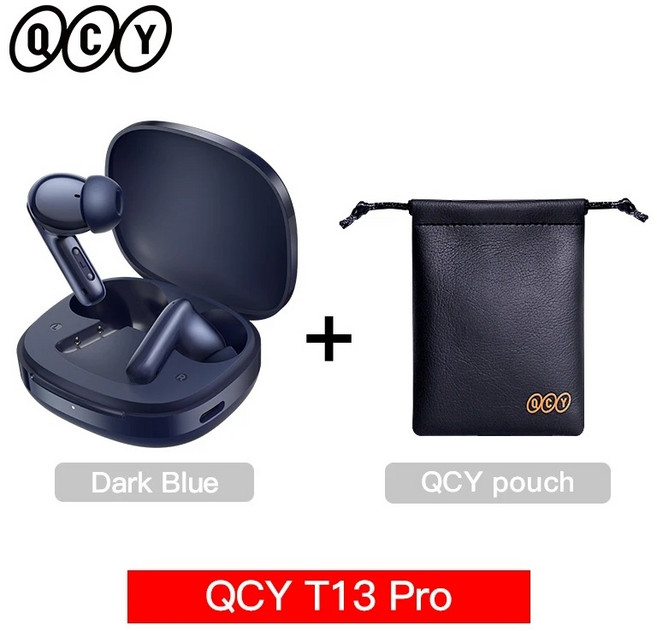 QCY T13 Pro 무선 이어폰 블루투스 ANC 노이즈캔슬링, 진한 파랑 파우치