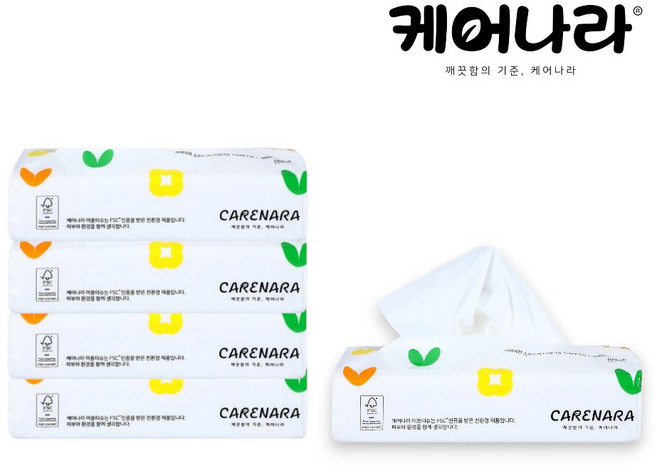 케어나라 미용티슈 소프트팩 150매 2겹 100% 천연펄프 미용티슈, 5개, 150개입