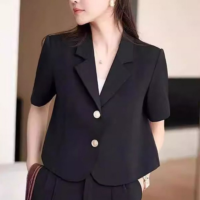 로르카 여성 카라넥 버튼 숏 반팔 자켓 루즈핏 캐주얼 데일리 얇은 정장 자켓 F01031205