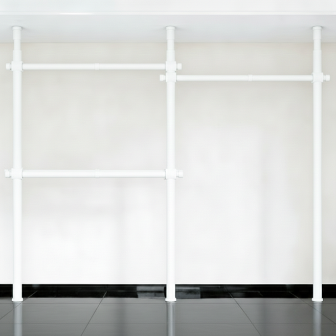 32파이 와이드 3단 행거 고강도 스틸 파이프 설치형 튼튼한 시스템 행거, 화이트