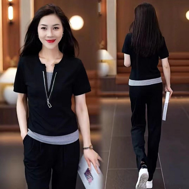 運動套裝女 短袖套裝 休閒套裝 直筒褲套裝 冰絲透氣