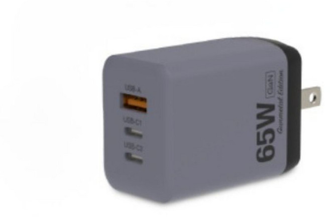POLYWELL 65W氮化鎵三孔PD快速充電頭 雙USB-C和USB-A接口 BSMI認證 旅行辦公必備, 槍色, 1個