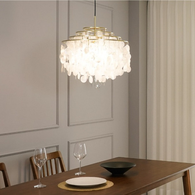 Verpan fun 클램 펜던트 샹들리에 조명 베르판 펀3등 골드 자개 식탁등 식탁조명, LED벌브 8W 하얀빛 3개