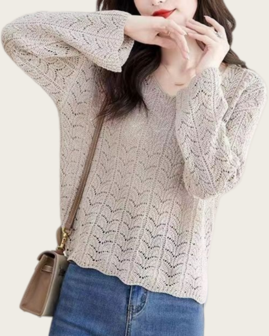 Makone 여성 루즈핏 긴팔 펀칭 니트 풀오버 코디 블라우스 데일리 메쉬 긴소매 티셔츠