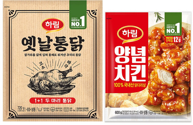 하림 옛날통닭 720g 1봉+양념치킨 600g 1봉, 720g x 1세트, 1개