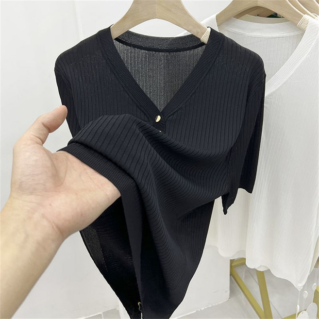 TKX 여성 브이넥 반소매 골지 니트 티셔츠 심플 단추 장식 데일리 베이직 슬림핏 신축성 좋은 봄 여름 가을
