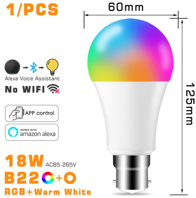 LED 스마트 무선 블루투스 전구 E27 Alexa RGB 색상 변경 조명 조정 가능 AC 85-265V 앱 제어 IOS/안드로이드 램프, 18W B22 WWRGB 1Pack, 1개