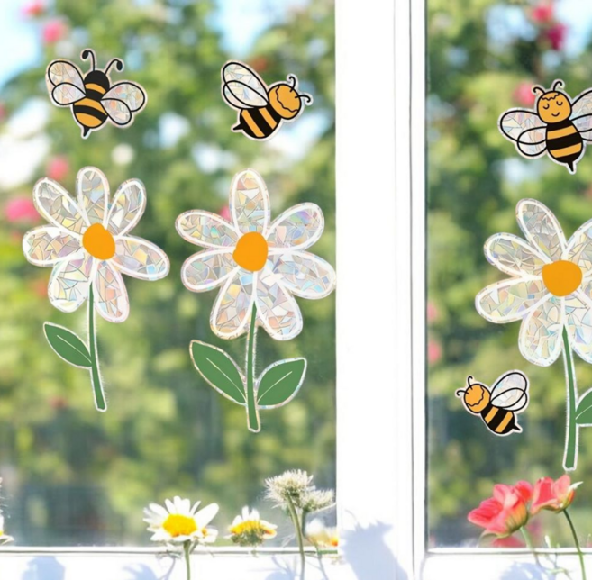 생동감 있는 데이지 꽃 & 벌 정전기 유리 스티커 양면 재사용 창문 데코, BS - 꿀벌
