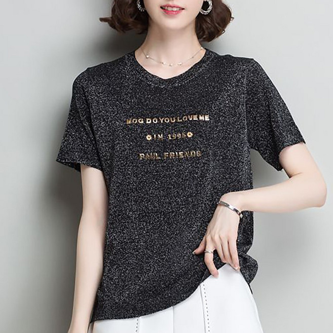 ROYALBELLE 여성 라운드넥 반팔 레이온 루즈핏 빅사이즈 반짝이 니트 티셔츠 K060124