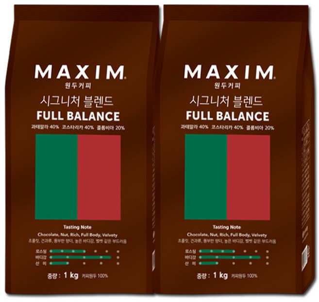 맥심 시그니처 블렌드 풀밸런스 원두커피 1kgX2개, 홀빈, 1kg, 2개