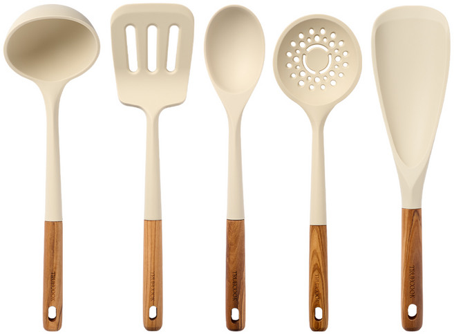트루쿡 올리브 실리콘 조리도구 5종 세트, 1세트, 베이지, 국자 + 뒤집개 + 서빙스푼 + 스키밍국자 + 멀티스푼