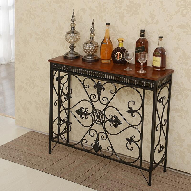 복도 콘솔 얇은콘솔 테이블 슬림 원목 철제 얇은 현관 장식장 복도장 장식장 선반, 집회, 120x 24x 90cm 블랙 + 브라운