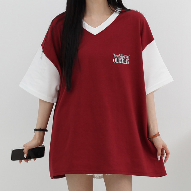 루나샵 올드브이 배색 반팔 티셔츠