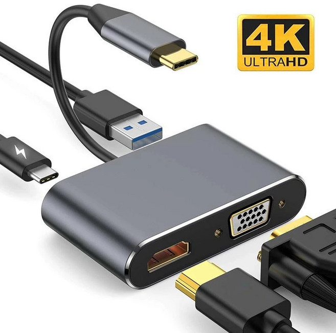4K Type C to HDMI 호환 VGA USB 3.0 컨버터 4in 1 USB C 도크 스테이션 허브 USB 어댑터 케이블 폰 맥북 노트북용, VGA to HDMI, 1개