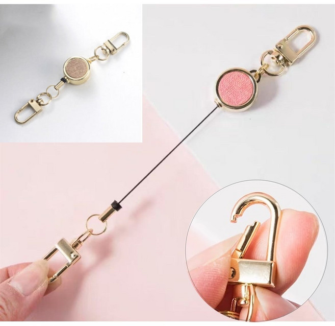 이지굿리빙 와이어 릴홀더 키링 사원증 줄 명찰끈 가방 낚시 등산 캠핑 고리, 1개, 베이지-골드