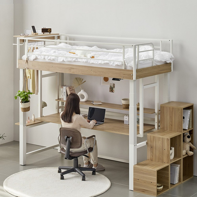 퍼니엘 더 미라클 원터치 벙커/책상 침대 자동 전동 높이조절 싱글 슈퍼싱글, 블랙, 책상침대, 측면(목재수납계단)