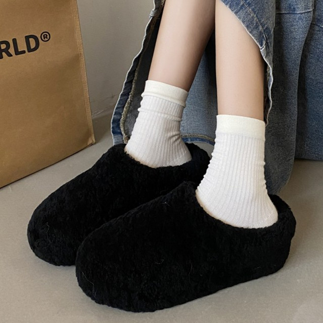 [자체제작] 뽀글이 퍼 안감 기모 통굽 키높이 여성 블로퍼 슬리퍼 실내화 ME980