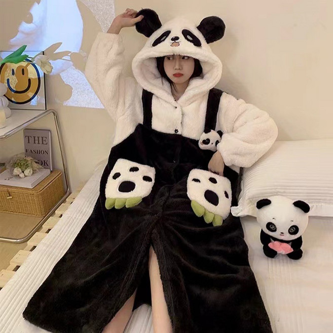 ROUGH DIA_졸리 동물 캐릭터 후드 극세사 원피스 잠옷